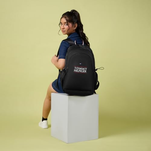 Image of Tommy Hilfiger Student School Bag & University Backpack Coral - Black | Durable Water-Resistant Polyester with Premium Embroidery | Multi-Utility Organiser & Rain Cover | 33L Capacity