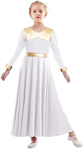 ELLYDOOR Girls Metallic Gold Parise Dance Dress Long Sleeve Full Swing Skirt Worship Liturgical Costume Church Robe Tag 160, White, 13-14 Years