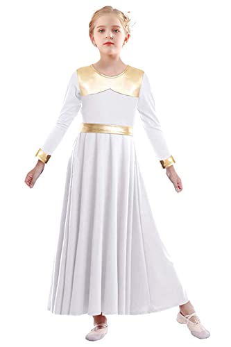 Ellydoor Girls Metallic Gold Parise Dance Dress Long Sleeve Full Swing Skirt Worship Liturgical Costume Church Robe Tag 160, White, 13-14 Years #TOP26