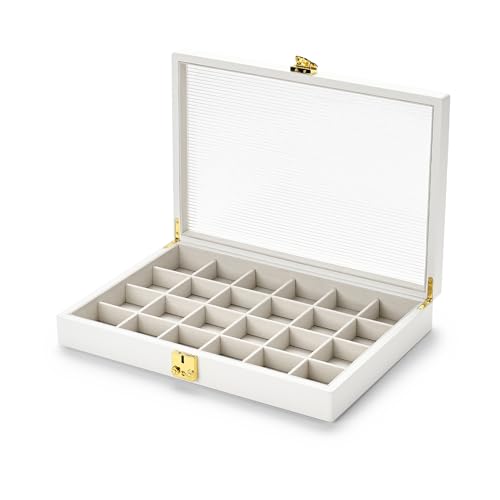 Leather 24Grids Jewelry Organizer Box with Acrylic Lid Premium Large Jewelry Box Bracelet Bangle Watch Jewellry Display Case(White)