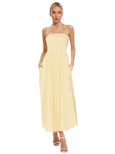 Image of Women Strapless Smocked Flowy Swing Boho Maxi Dress Tube Top Beach Dress | Smocked Bodice Flowy A Line Beach Dress with Pocket Casual Vacation Beach Wedding Guest Dress Off Shoulder Boho Dresses