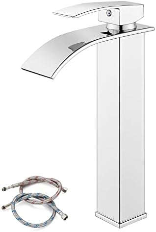 Polish Chrome Vessel Sink Faucet Tall Waterfall Spout Deck Mount Bathroom 304 Stainless Steel Bowl Basin 1 Hole Single Handle Mixer Tap with Supply Line