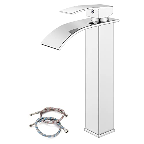 Polish Chrome Vessel Sink Faucet Tall Waterfall Spout Deck Mount Bathroom 304 Stainless Steel Bowl Basin 1 Hole Single Handle Mixer Tap With Supply Line #TOP6