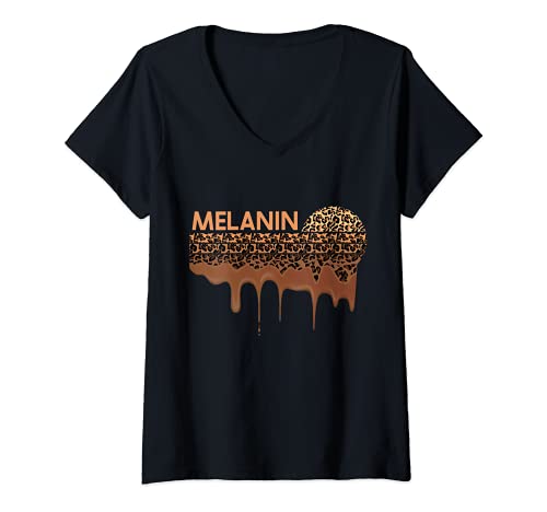 Photo de Femme Léopard Drippin mélange nuances mélanine Sugar Brown Sugar T-Shirt avec Col en V