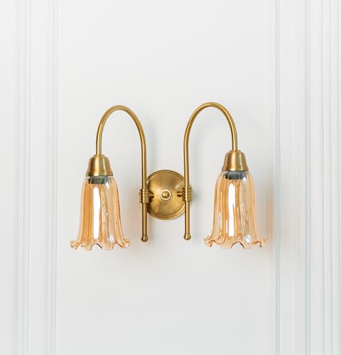 Image of Divine Trends Double Hockey Wall Lamp Antique Brass Finish with Fluted Flower Golden Glass for Living Room, Bedroom, Home Decoration Wall Light - Pack of 1