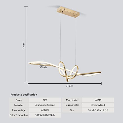Suspendu LED moderne argenté de 34 pouces avec télécommande pour îlot de cuisine