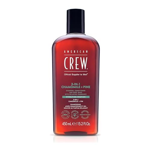 American Crew 3-in-1 Chamomille + Pine, Shampoo Balsamo e Gel Doccia Uomo, Fragranza Calmante e Rilassante Camomilla + Pino, Ammorbidisce e Idrata Corpo e Capelli, 450ml