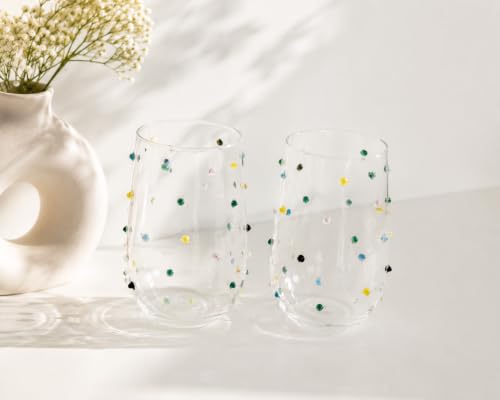 Image of Handcrafted Borosilicate Glass Water Glasses Set of 2 | Colorful Confetti Dot Juice Glasses | Drinking Glasses for Water, Juice, Cocktails & Mocktails | Modern Beverage Glasses