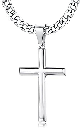 Adramata 925 Sterling Silver Cross Pendant Necklace for Men Women 5MM Stainless Steel Diamond-Cut Cuban Chain Cross Necklace Mens Womens 41/46/51/56/61/71/76CM