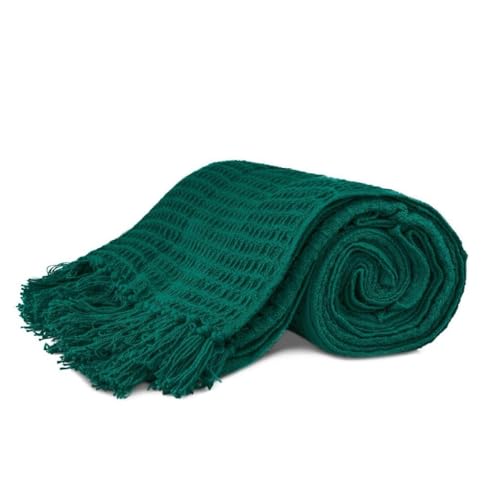 Image of Furnistitchs Bohemian Cotton Sofa Throw Blanket 50x60 inches | Waffle Knit & Chevron Pattern with Fringes | Aesthetic Decorative Couch Throw for Living Room & Bedroom (Bottle Green Waffle)