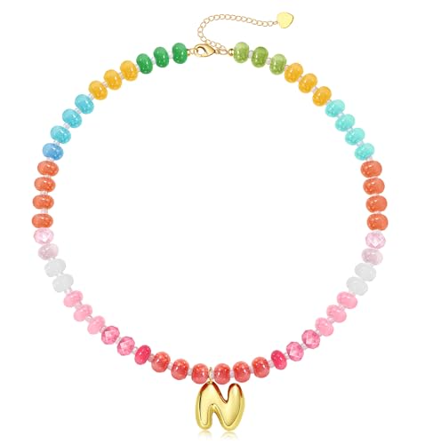 Initial Necklaces for Women, Beaded Necklaces for Women with Bubble Necklace Letter Stocking Stuffers for Teens Trendy Stuff Colorful Gemstone Choker 14k Gold Letter A-Z Pendant Summer Beach Christmas Birthday Jewelry for Her Girlfriend Sister