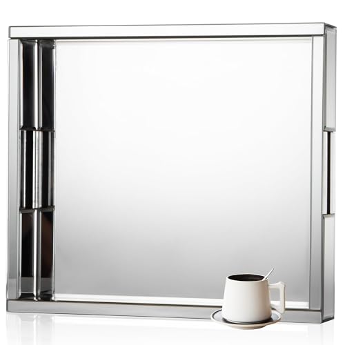 SHYFOY Bandeja Decorativa de Espejo Plateado, Bandeja de Vidrio Rectangular, Bandeja Decorativa Baño Elegante con Asas, Bandeja de Perfume, Organizador de Maquillaje para Vanidad, Vestidor