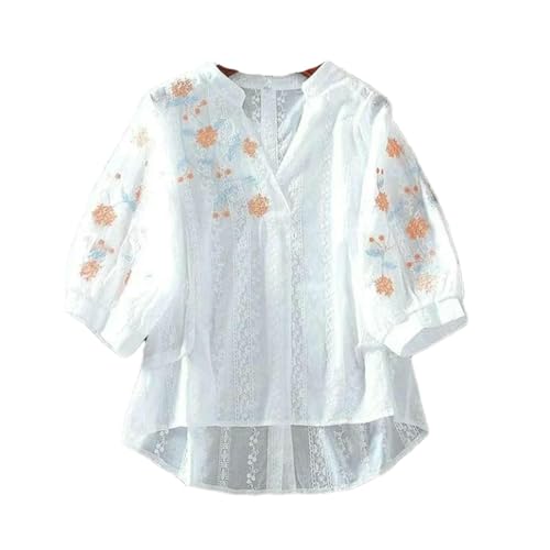 Chemisier à fleurs brodées femme haut coton ample fin