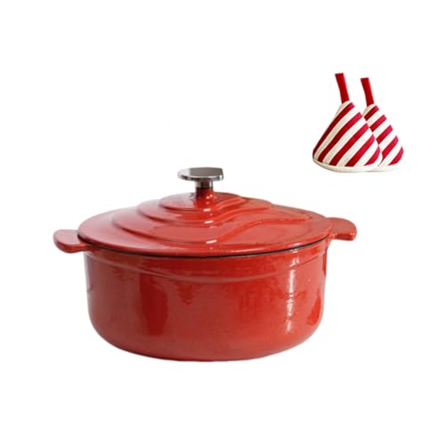 Cocotte Tradicional De Hierro Fundido Esmaltado Con Tapa Y Asas Dobles, Ollas Antiadherentes Multifuncionales Con Abrazadera Triangular Termoaislante, Hornear Pan(Rosso,22cm/8.66in)