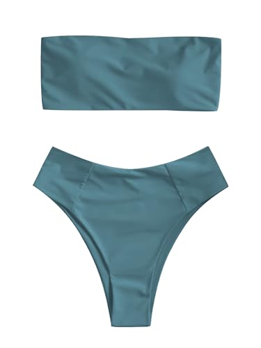 Image of ZAFUL Women's High Cut Bandeau Bikini Set Strapless Solid Color 2 Pieces Bathing Suit Swimsuit