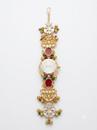 Image of Kashmiri Meenakari Round Dial Bracelet Watch, Gold Tone, Red and Green Kundan, Traditional Indian Jewellery Style