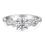 FJ 1CT Moissanite Ring 925 Sterling Silver Engagement Promise Anniversary Wedding Ring Leaf Nature Inspired Jewellery for Women, D Color VVS1, Size M