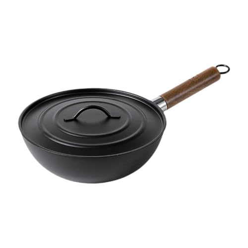 Wok de hierro fundido con revestimiento antiadherente y mango de madera