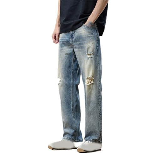 Men's Ripped Jeans Loose Fit Distressed Wide Leg Hollow Out Vintage Motorcycle Denim Pants Trousers