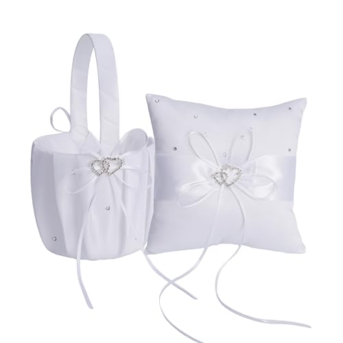 QIRMIZI Wedding Ring Pillow and Flower Girl Basket Set – Adorned with Pearl Rhinestones, White Satin,White by QIRMIZI - Used condition - US$17.75