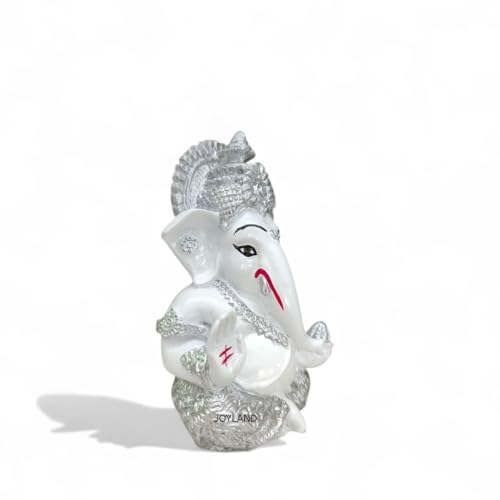 Image of JOY LAND Lord Ganesha Car Dashboard Idol | White & Gold Ganesh Murti for Car Dashboard, Home & Office Decor (White Silver)