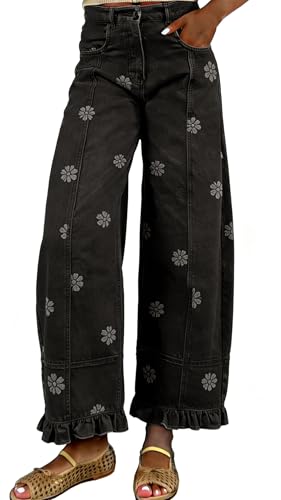 Image of Barrel Jeans Women 2026 Ruffl Hem Floral Print Wide Leg Sweatpants Jeans Boho Y2k Patchwork Baggy Boy-Friend Denim Pants (Black,XL)