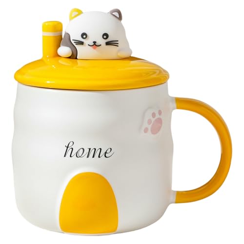 Cinese Tazza Tazza Da Latte Per La Colazione In Ceramica A Forma Di Gatto Con Coperchio, Adatta A Coppie, Ragazze E Bambini, Adatta Al Microonde, Arancione (Con Coperchio E Cucchiaio), 401-500 Ml