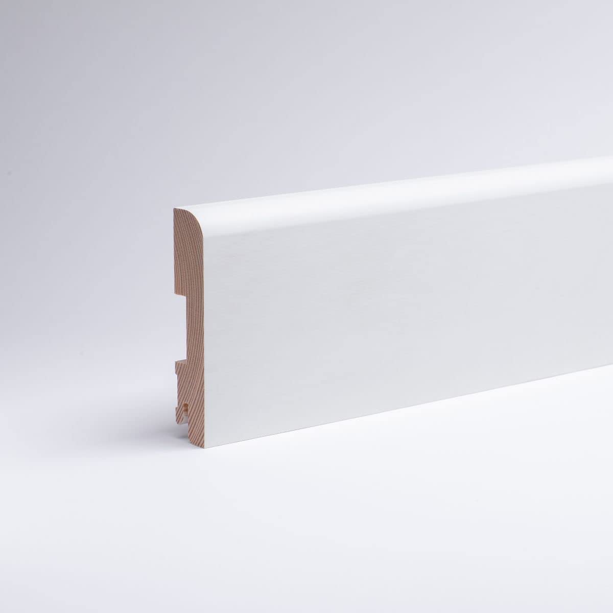 Battiscopa dal bordo rotondo in legno massiccio di colore bianco RAL9010, 24 m