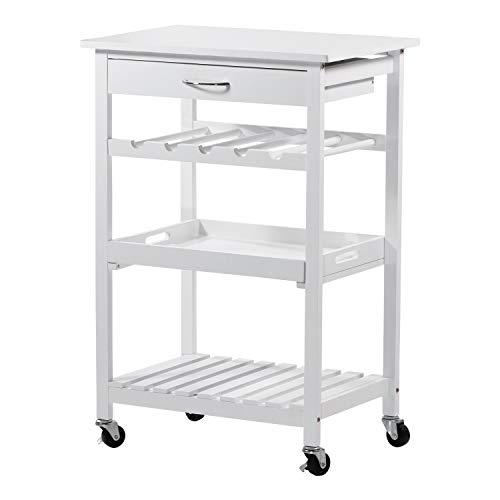 Rolling Wooden Pine Kitchen Storage Utility Cart on Wheels 4-Tier with Drawer, Removable Serving Tray, Open Shelf and 5-Bottle Wine Rack, White