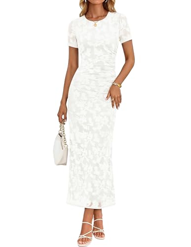 ZESICA Womens 2026 Summer Floral Bodycon Dress Short Sleeve Ruched Mesh Wedding Guest Cocktail Party Midi Dresses White X-Large