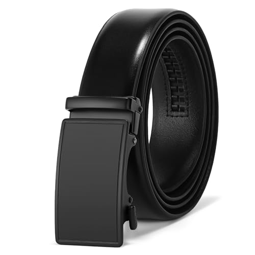 Men's Black Genuine Leather Belts, Automatic Ratchet Buckle Belt, Dress Casual, Trim to Fit, Gift Box