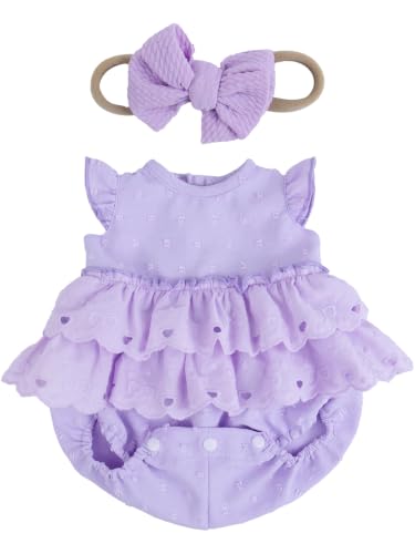 EKOKIZ Reborn Baby Doll Clothes 2-Piece Set - Purple Lace Dress with Bow Headband, Ruffled Bubble Sleeve Onesie for 17-20 Inch Dolls, Realistic Newborn Girl Outfit for Pretend Play & Photography