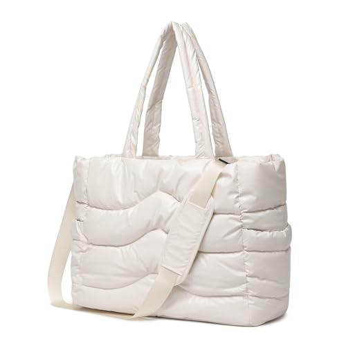 Y.U.M.C. Sacola acolchoada feminina - bolsa de ombro multidirecional elegante com compartimento para laptop, Branco leite., One Size