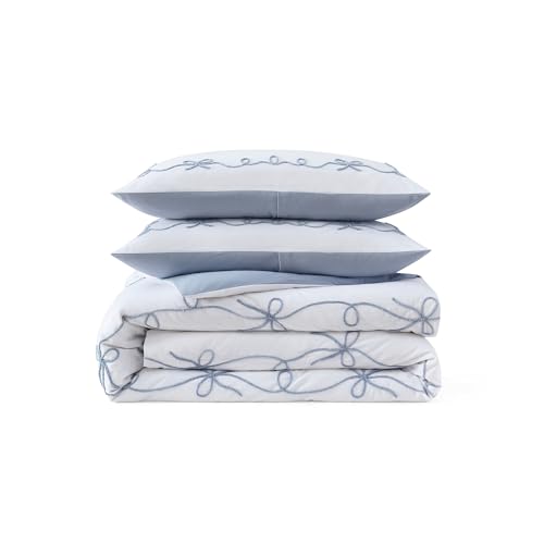 Peri Home Bow Bedding Duvet Cover Cottage Core Vintage Country 100% Cotton 3-Piece Set, Full/Queen, Blue Sasha Bows
