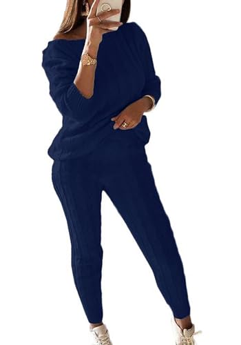 Molisry Women Cable Knitted 2 Pieces Outfits Long Sleeve Sweater Pullover Top Long Pants Lounge Sets Autumn Winter