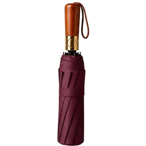 Image of STAR WORK Small Wooden Handle Compact UV Protection Umbrella, Automatic Open Hook Handle Stick Golf Umbrellas for Rain, Sun & Wind Protection.