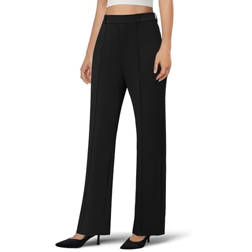 Women's Dress Pants Business Casual Stretchy Work Pants High Waisted Pull On Slacks Office Wide Leg Trousers Black X-Small