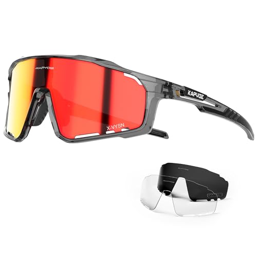 KAPVOE Gafas de Ciclismo Polarizadas MTB con 3 Lentes Intercambiables TR90 Protección UV...