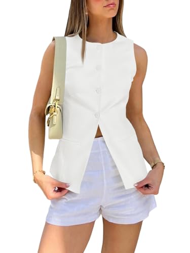 Cicy Bell Womens Round Neck Waistcoat Vest Summer Button up Vest Tops Casual Business Fitted Sleeveless Blazer