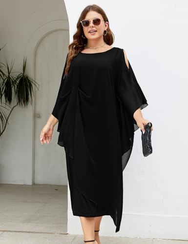 Image of ZOMVA Plus Size Elegant Formal Dress Long Cape Overlay Wedding Guest Formal Cocktail Mother of Bride Outfit