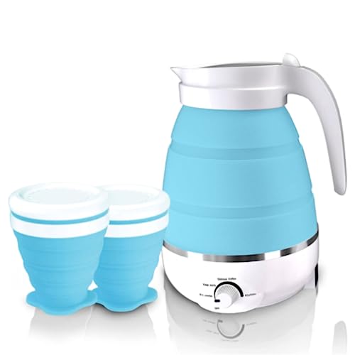 Hervidor Eléctrico Plegable,600ML Calentador de Agua Portatil con bBase de Acero Inoxidable,Hervidor Eléctrico de Viaje,Silicona de grado alimenticio,Mini hervidor Portátil para Camping,viajes (Blue)