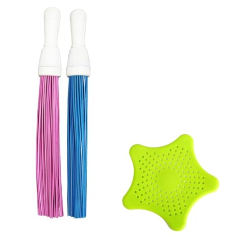 Image of FRESHOME Pack of 2 Broom- 1 Star Sink Strainer, Plastic Kharata Broom 20 Inches with 60 Hard Bristles for Cleaning Floor and Bathroom Wet & Dry Cleaning