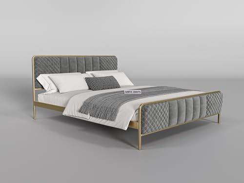 Image of Modern Upholstered King Size Bed for Bedroom | Metal Double Bed | Platform Cot Bed with Upholstery Premium Fabric | 6.5 x 6 Ft | Powder Coated Metal Bed | Grey