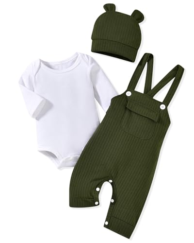 Image of HINTINA Newbrn Baby Boy Clothes Long Sleeve Bodysut Bib Overall Pants Set With Hat Fall Winter Outfits