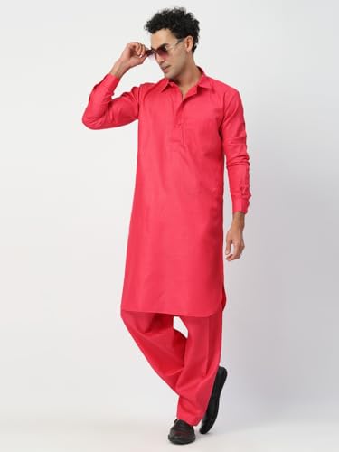 Image of Men's Traditional Pathani Kurta Salwar Set, Red, Long Sleeve, Collared Neck, Cotton Blend, Ethnic Wear