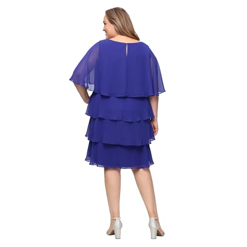 Image of S.L. Fashions Women's Plus Size Tiered Chiffon Cocktail Party Dress with Attached Cape & Beaded Shoulders