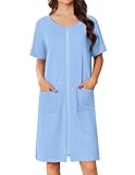 Ekouaer Bata corta con cremallera para mujer, bata de baño ligera con estampado floral, vestido de casa con bolsillos, camisón S-3XL, Azul/claro, Large
