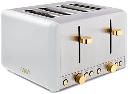 Tower T20051WHT Cavaletto 4-Slice Toaster with Defrost/Reheat, Stainless Steel, 1800W, Optical White with Champagne accents