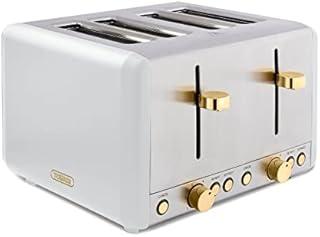 Tower T20051WHT Cavaletto 4-Slice Toaster with Defrost/Reheat, Stainless Steel, 1800W, Optical White with Champagne accents