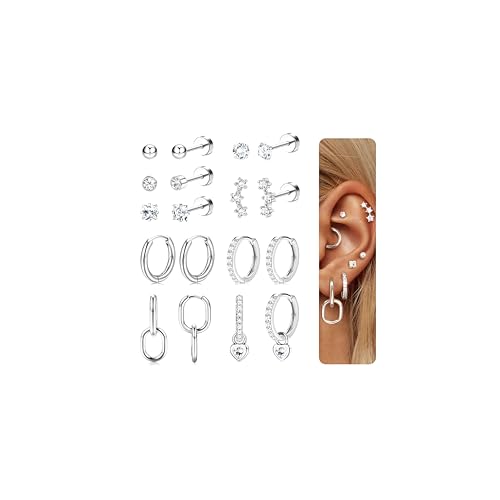 LOLIAS Hypoallergenic Flat Back Earrings for Women Girls Surgical Steel Earrings for Sensitive Ears - Stainless Steel Flatback Stud Hoop Cartilage Earring Stacks